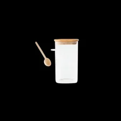 PEBBLY Boite de Conservation Carrée en Verre et Bambou avec Cuillère Doseuse 1,4 L