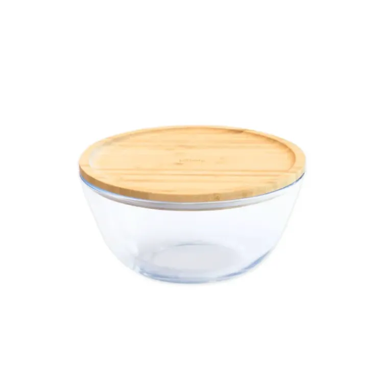 PEBBLY Boîte de Conservation en Verre et Bambou Rond 1,6 L