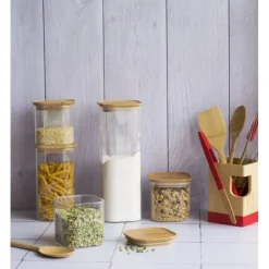 New PEBBLY Boîte de Conservation en Verre et Bambou Carré 2,2 L