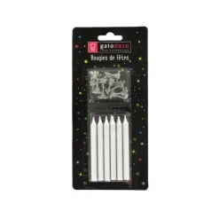 New GATODECO Bougies Argentées (x12) avec bobèches Gatodéco