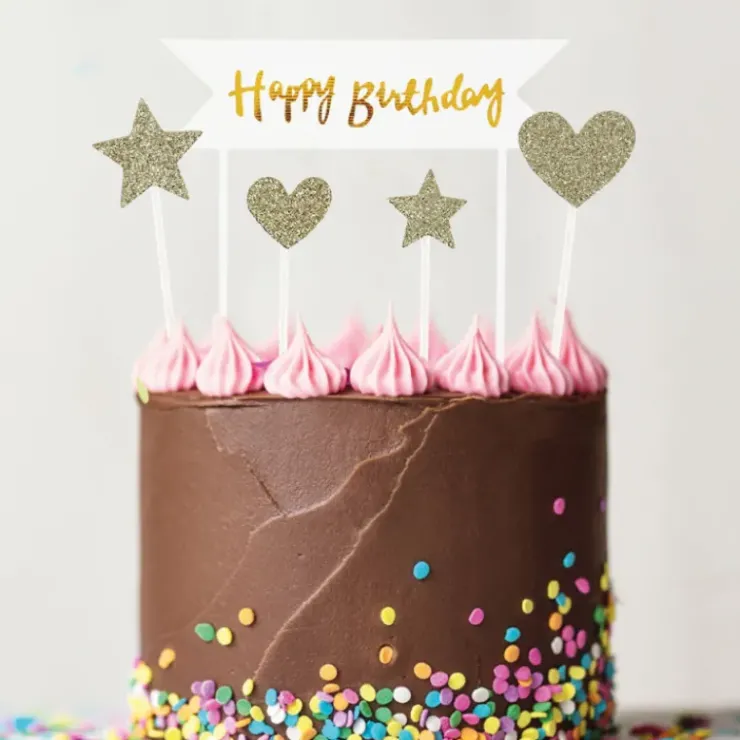 Clearance PATISDECOR Cake Topper Happy Birthday Cœurs et Étoiles Dorés (x10) Patisdécor