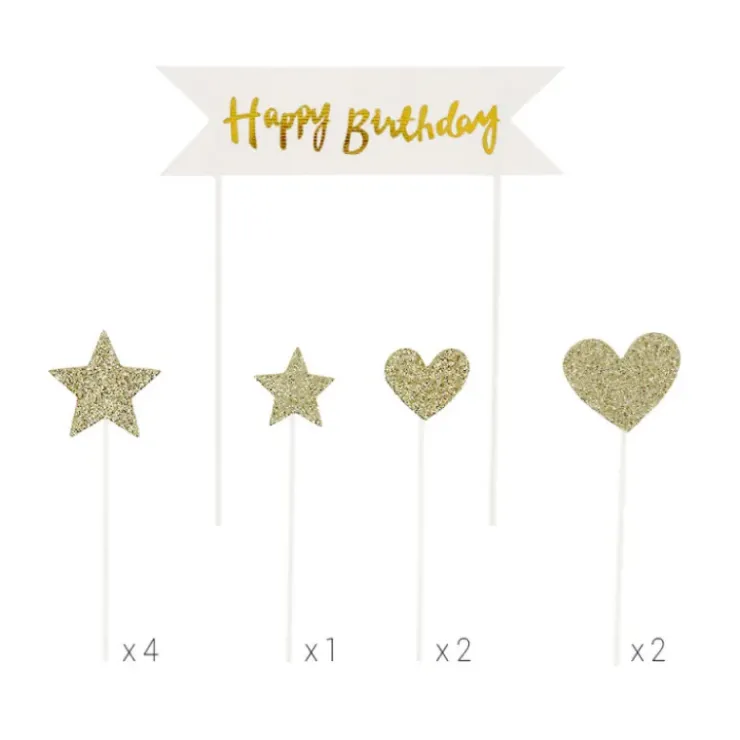 Clearance PATISDECOR Cake Topper Happy Birthday Cœurs et Étoiles Dorés (x10) Patisdécor