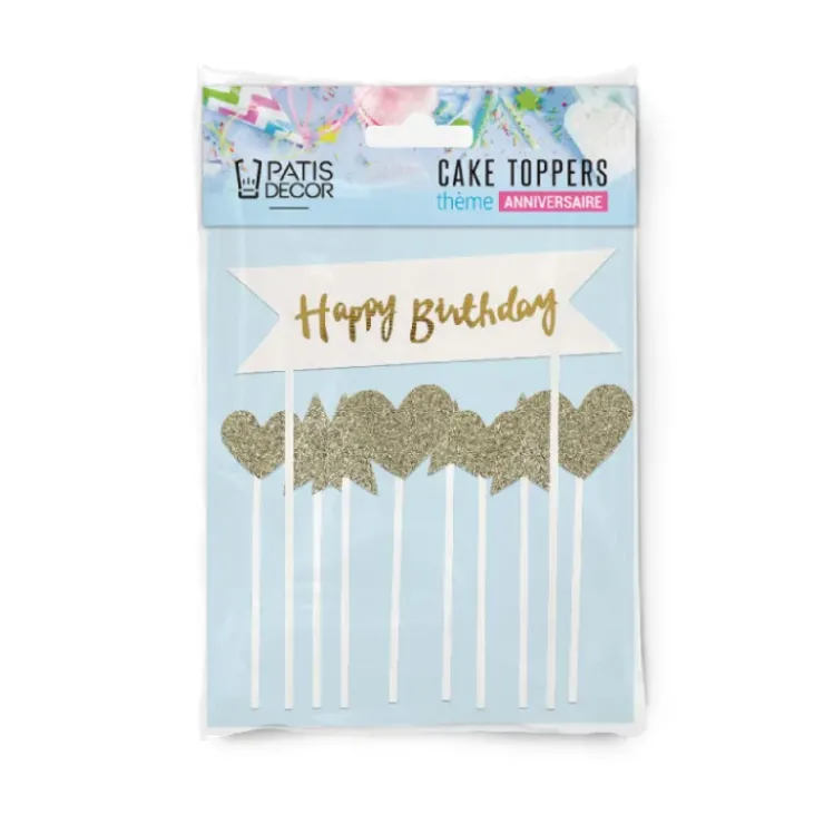 Clearance PATISDECOR Cake Topper Happy Birthday Cœurs et Étoiles Dorés (x10) Patisdécor