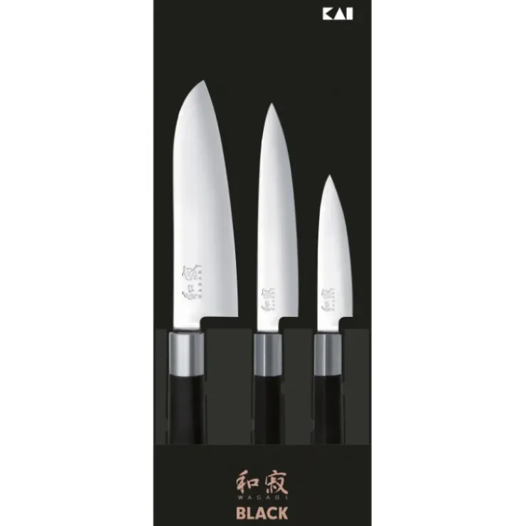 Outlet KAI Coffret 3 Couteaux Japonais Universel 10 cm Universel 15 cm et Santoku 16,5 cm Wasabi Black
