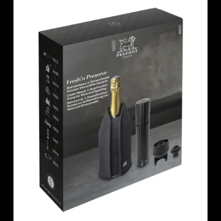 Outlet PEUGEOT Coffret Pompe à Vin et Champagne Double Manuelle ABS + Rafraichisseur Frizz Noir