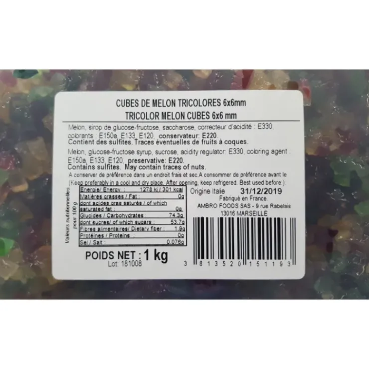 New CUISINEADDICT Cubes de Melon confit tricolores 1 kg