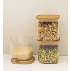 Sale PEBBLY Lot 3 Boîtes de Conservation en Verre et Bambou Carré 800 ml