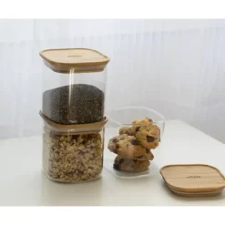 Sale PEBBLY Lot 3 Boîtes de Conservation en Verre et Bambou Carré 800 ml