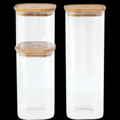 PEBBLY Lot de 3 Boîtes de Conservation en Verre Carrée Couvercle Bambou