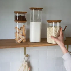 PEBBLY Lot de 3 Boîtes de Conservation en Verre Carrée Couvercle Bambou