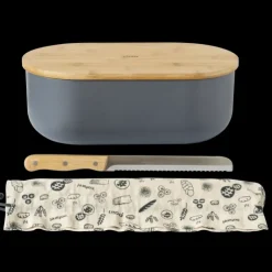 PEBBLY Set Boîte à Pain Ardoise Métal et Bambou 4 Pièces