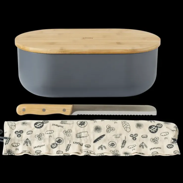 PEBBLY Set Boîte à Pain Ardoise Métal et Bambou 4 Pièces