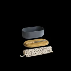 PEBBLY Set Boîte à Pain Ardoise Métal et Bambou 4 Pièces