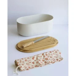 Hot PEBBLY Set Boîte à Pain Métal et Bambou 4 Pièces